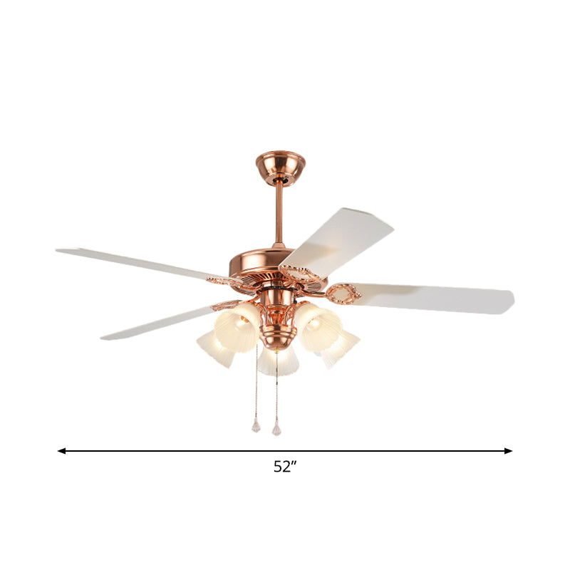 52" Wide Gold 5 Lights Hanging Fan Light Countryside Frosted Glass Bell Shade Semi-Flush Mount, 5 Blades