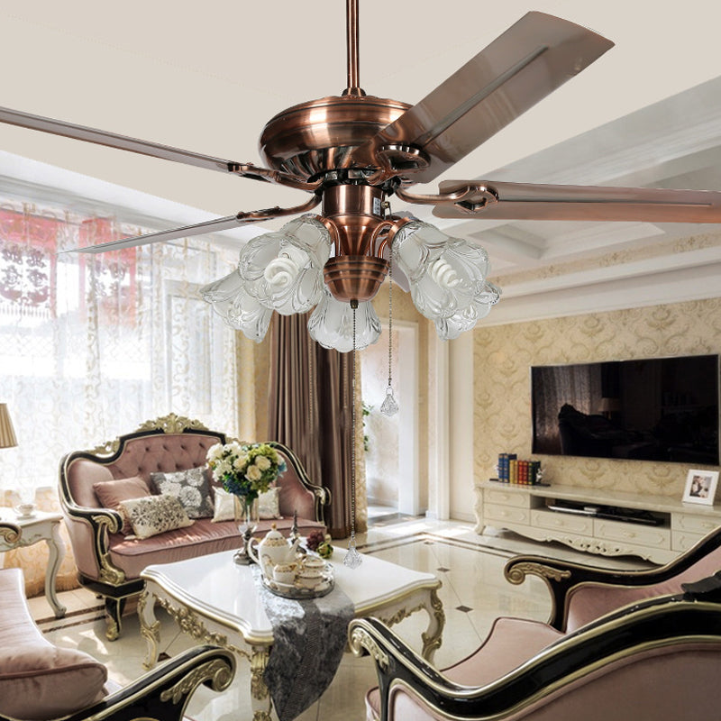 52 "de ancho Vintage Bell Semi Flush Light 5 Bulbos de lámpara de ventilador colgante de vidrio esmerilado en cobre con 5 cuchillas