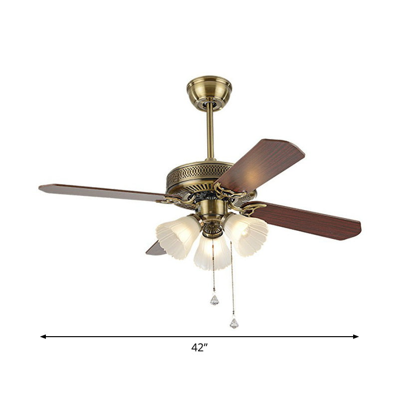 42" Wide 3 Bulbs Semi Flush Light Rustic Bell Shade Frosted Glass Pull Chain Ceiling Fan Lamp with 4 Blades