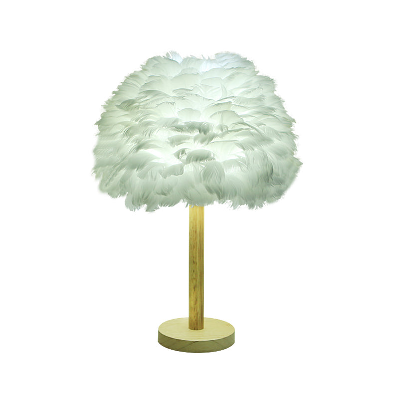 Feather Flower-Like Night Lamp Modern 1-Light Grey/Blue/Burgundy and Wood Table Light for Bedroom