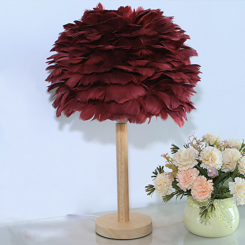 Feather Flower-Like Night Lamp Modern 1-Light Grey/Blue/Burgundy and Wood Table Light for Bedroom