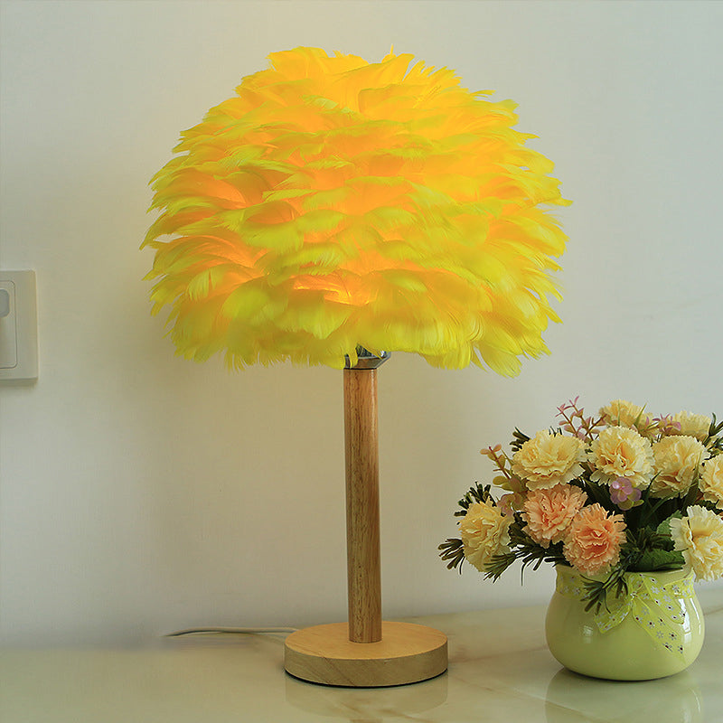 Feather Flower-Like Night Lamp Modern 1-Light Grey/Blue/Burgundy and Wood Table Light for Bedroom