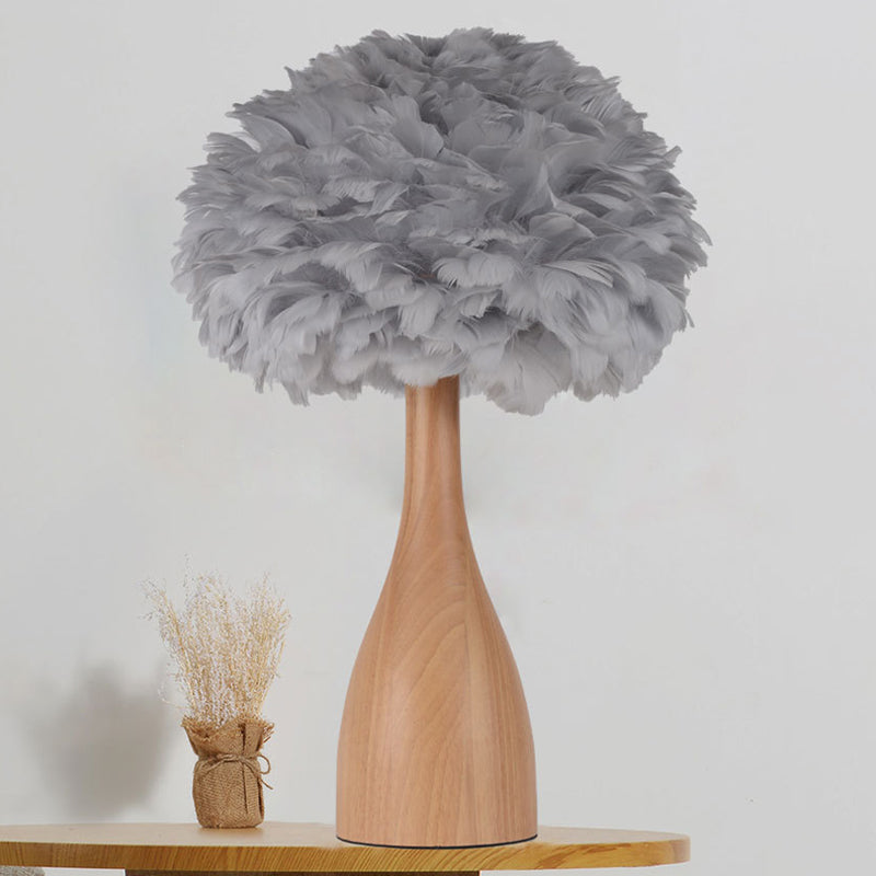 Dome/Tapered Shade Table Light Modern Feather Single Black/Pink/Cream Night Stand Lamp with Teardrop/Curved Rod/Tripod Base