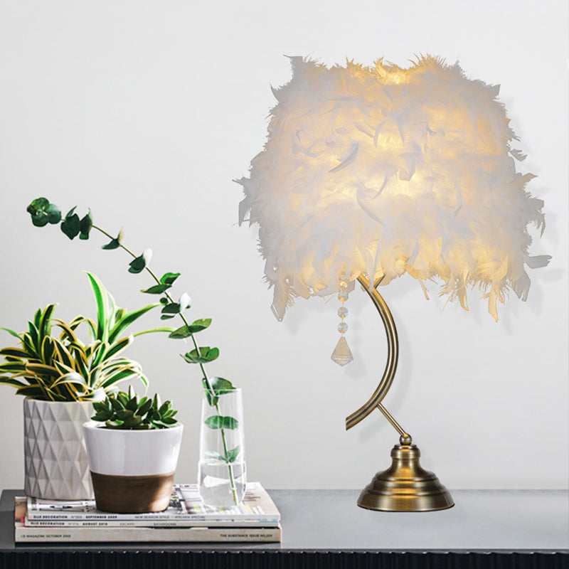 Dome/Tapered Shade Table Light Modern Feather Single Black/Pink/Cream Night Stand Lamp with Teardrop/Curved Rod/Tripod Base