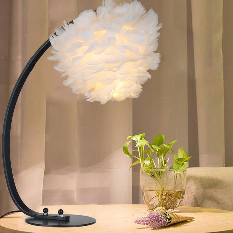 Dome/Tapered Shade Table Light Modern Feather Single Black/Pink/Cream Night Stand Lamp with Teardrop/Curved Rod/Tripod Base