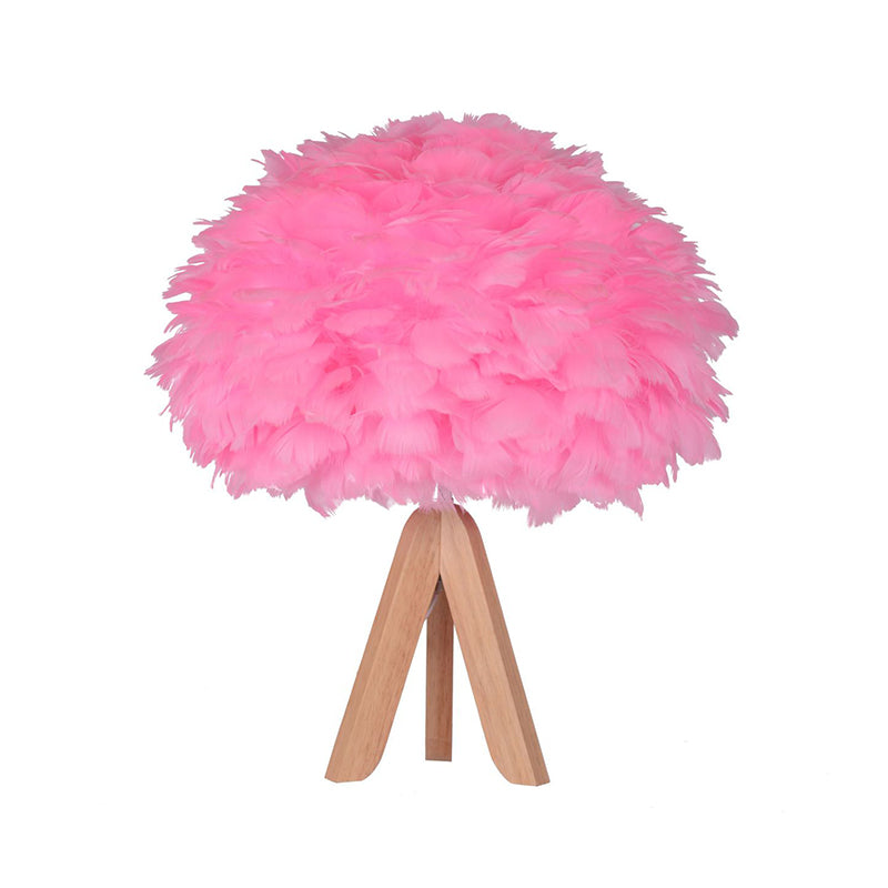 Dome/Tapered Shade Table Light Modern Feather Single Black/Pink/Cream Night Stand Lamp with Teardrop/Curved Rod/Tripod Base