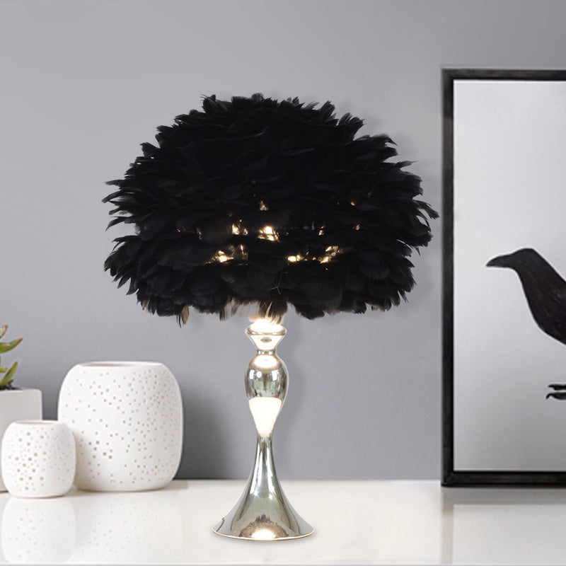 Black/Purple Dome Night Lamp Modern 1-Bulb Feather Table Light with Chrome Baluster Base