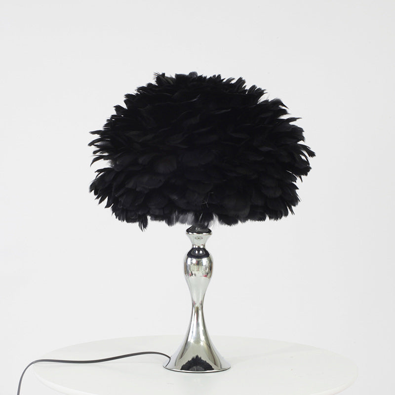 Black/Purple Dome Night Lamp Modern 1-Bulb Feather Table Light with Chrome Baluster Base