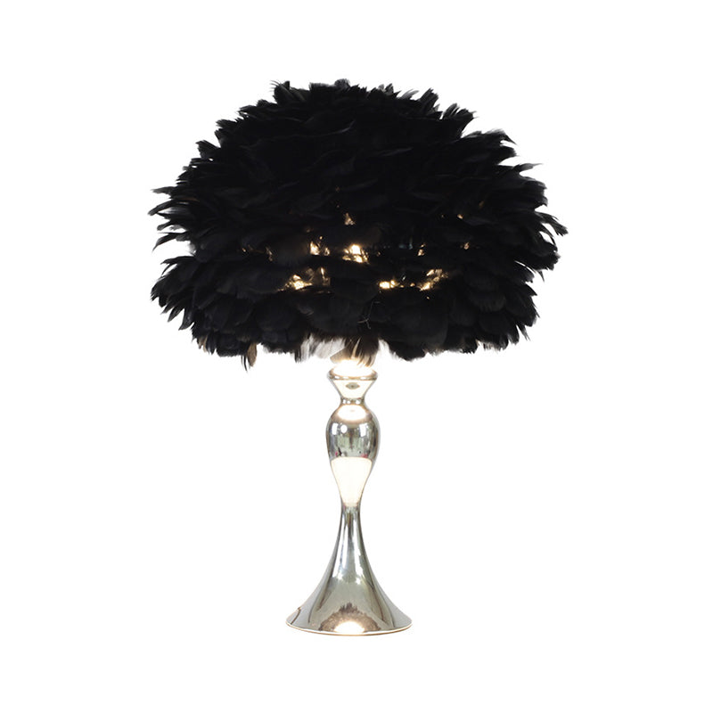 Black/Purple Dome Night Lamp Modern 1-Bulb Feather Table Light with Chrome Baluster Base