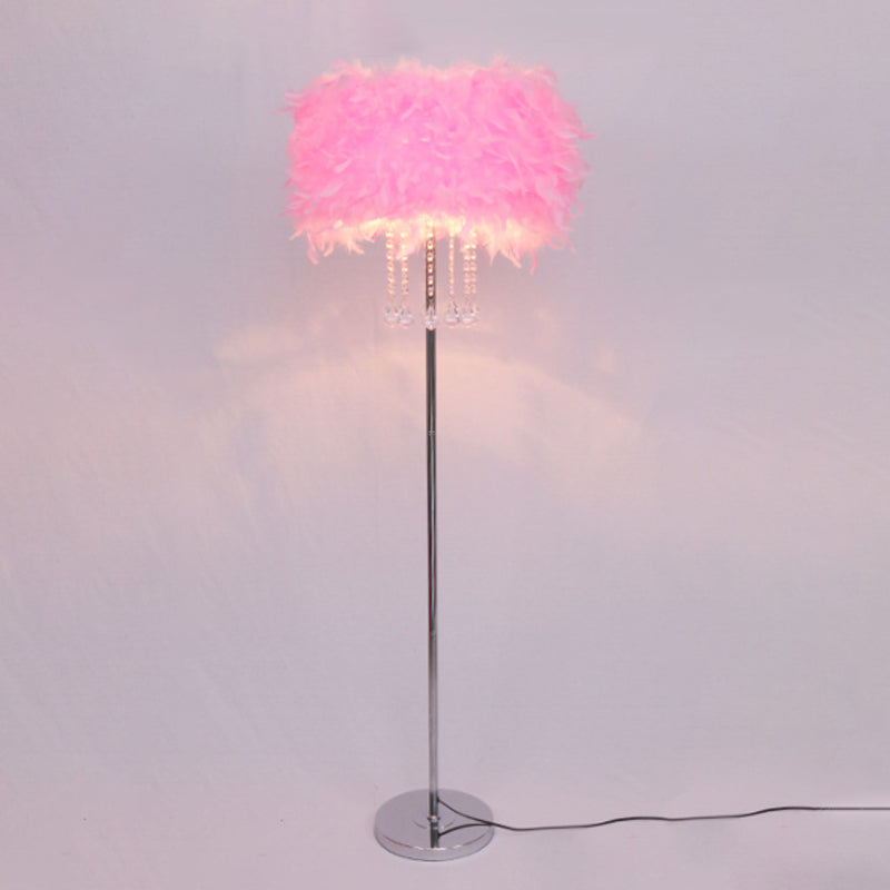 Drum Dining Room Floor Light Feather 1 Head Modernist Floor Lamp in Pink/White/Purple with Draping Crystal