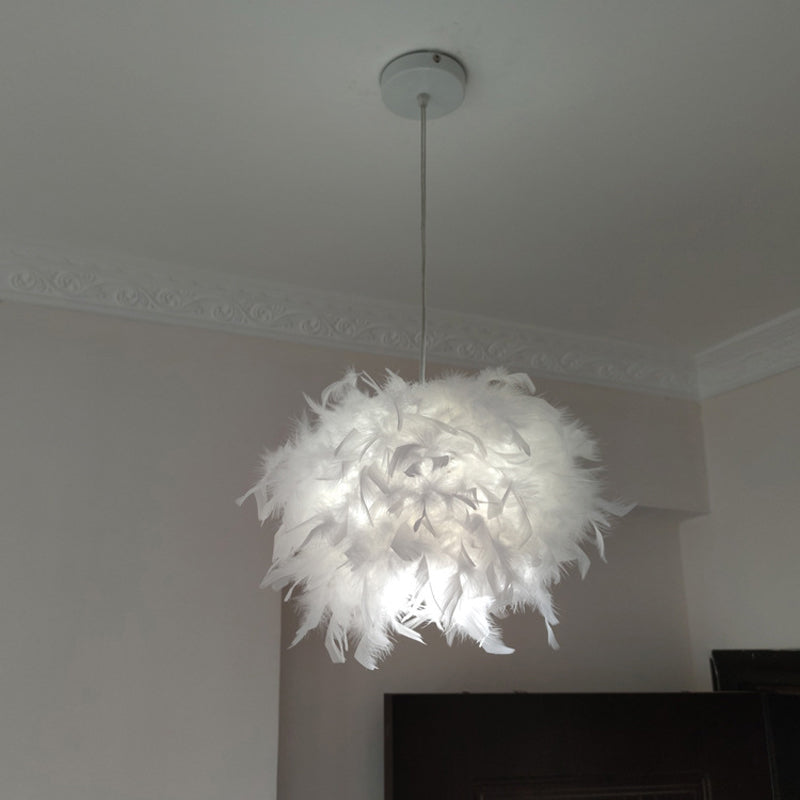 Hand-Worked Hemispherical Pendant Lamp Nordic Feather 1 Bulb White Hanging Light Kit, 11"/15"/19.5" W