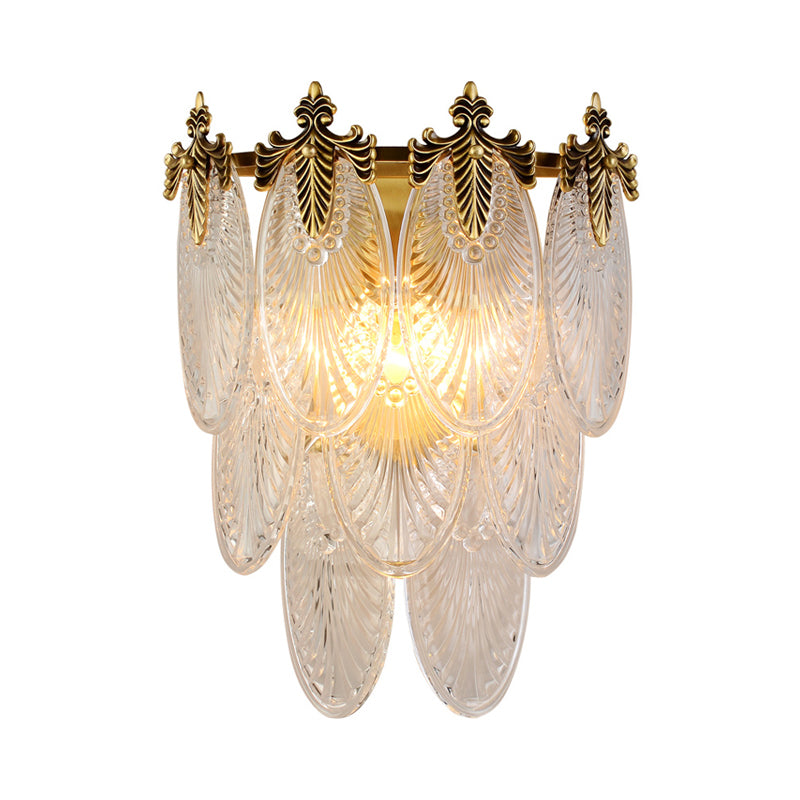 Layered Wall Mounted Lamp Postmodern Carved Oval Glass 2-Bulb Gold Sconce Light Fixture