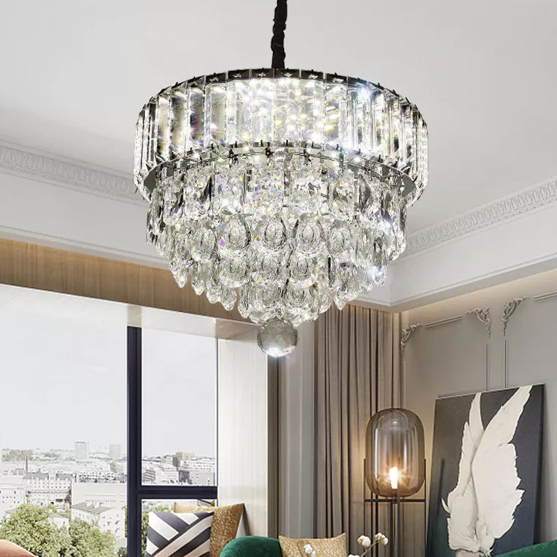 Stainless Steel Round/Square Tiers Pendant Modern Beveled Cut Crystal LED Hanging Light Fixture