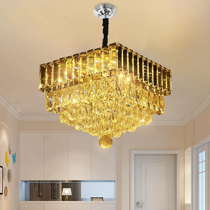 Stainless Steel Round/Square Tiers Pendant Modern Beveled Cut Crystal LED Hanging Light Fixture