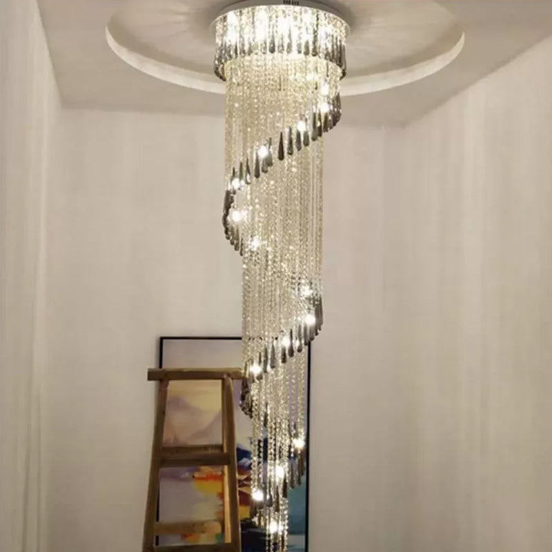 Modern Spiral LED Ceiling Light Draping Crystal Living Room Multi-Light Pendant in Stainless Steel