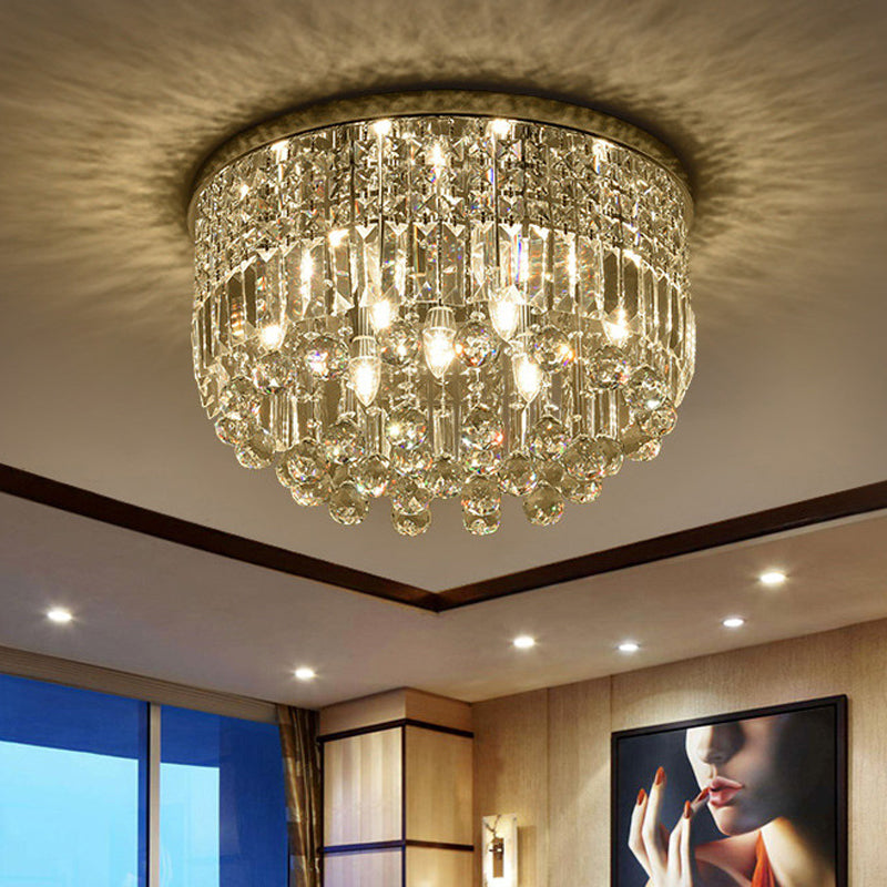 Nickel Round Flush Mount Light Modern 9-Bulb Clear Cut Crystal Ceiling Light Fixture
