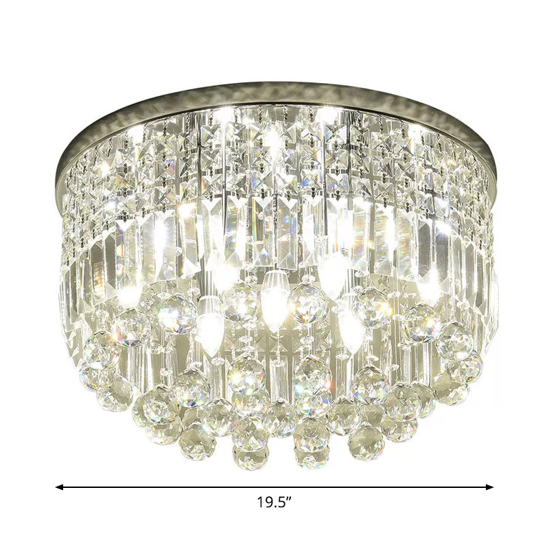 Nickel Round Flush Mount Light Modern 9-Bulb Clear Cut Crystal Ceiling Light Fixture
