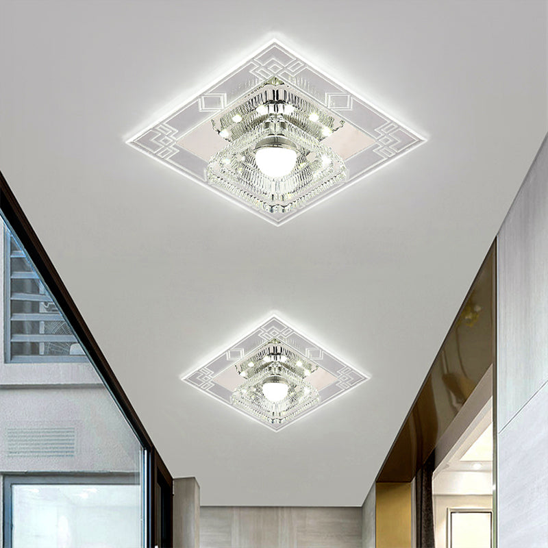 LED Corridor Flush Light Fixture Modern Chrome Close to Ceiling Lamp with Trapezoid Clear Crystal Shade