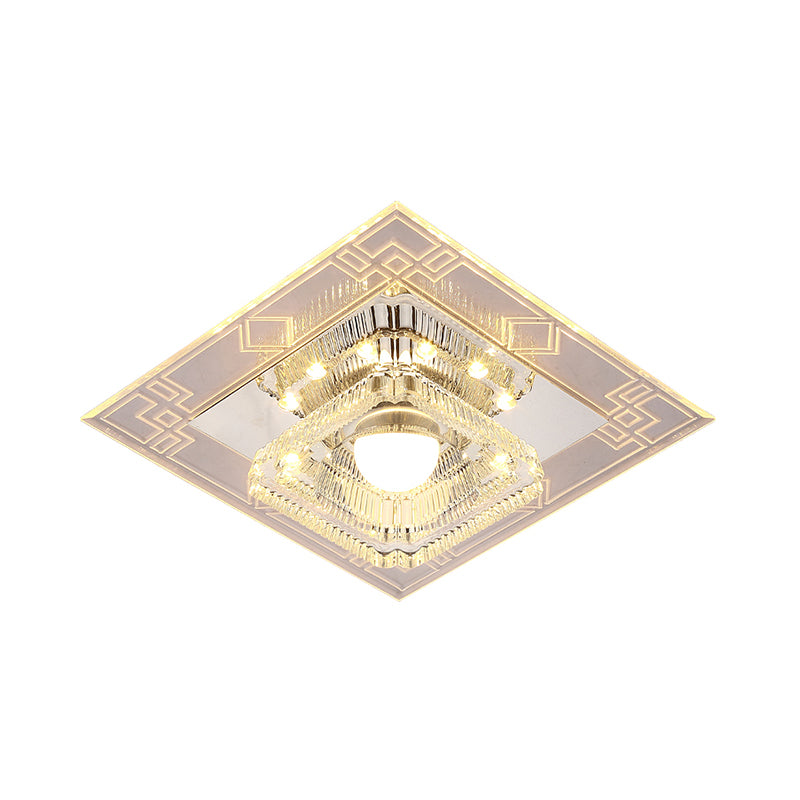 LED Corridor Flush Light Fixture Modern Chrome Close to Ceiling Lamp with Trapezoid Clear Crystal Shade
