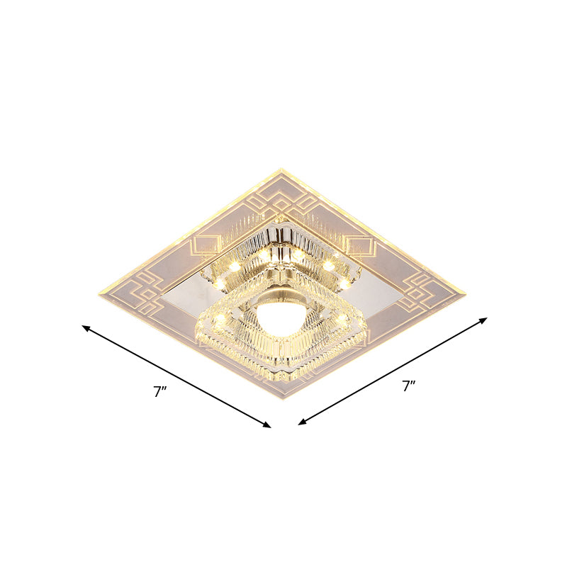 LED Corridor Flush Light Fixture Modern Chrome Close to Ceiling Lamp with Trapezoid Clear Crystal Shade