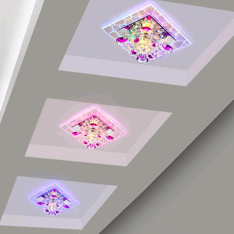 Floral Flush Mount Light Nordic Faceted Crystal LED Purple Close to Ceiling Lighting for Corridor