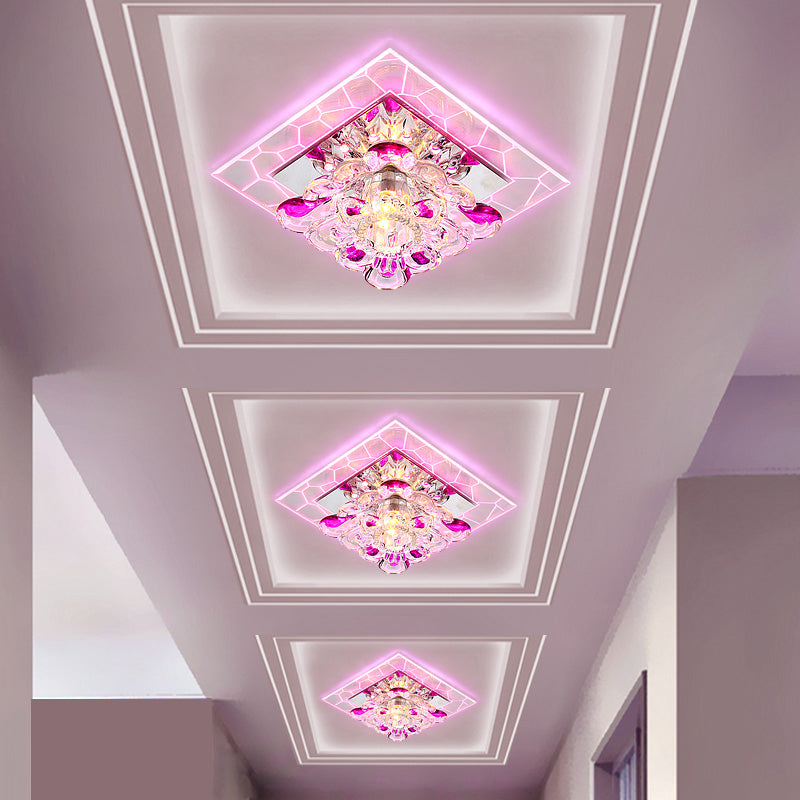 Floral Flush Mount Light Nordic Faceted Crystal LED Purple Close to Ceiling Lighting for Corridor