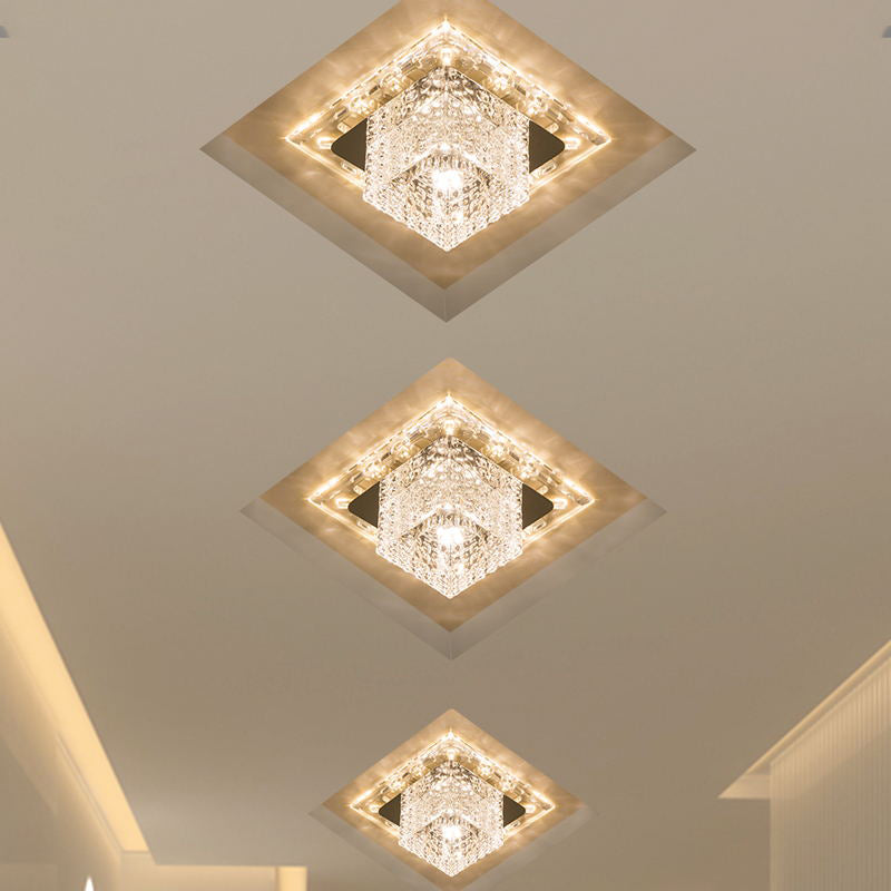 Portico a LED con montaggio a incasso Semplice soffitto cromato a filo con paralume in cristallo sfaccettato a cubo