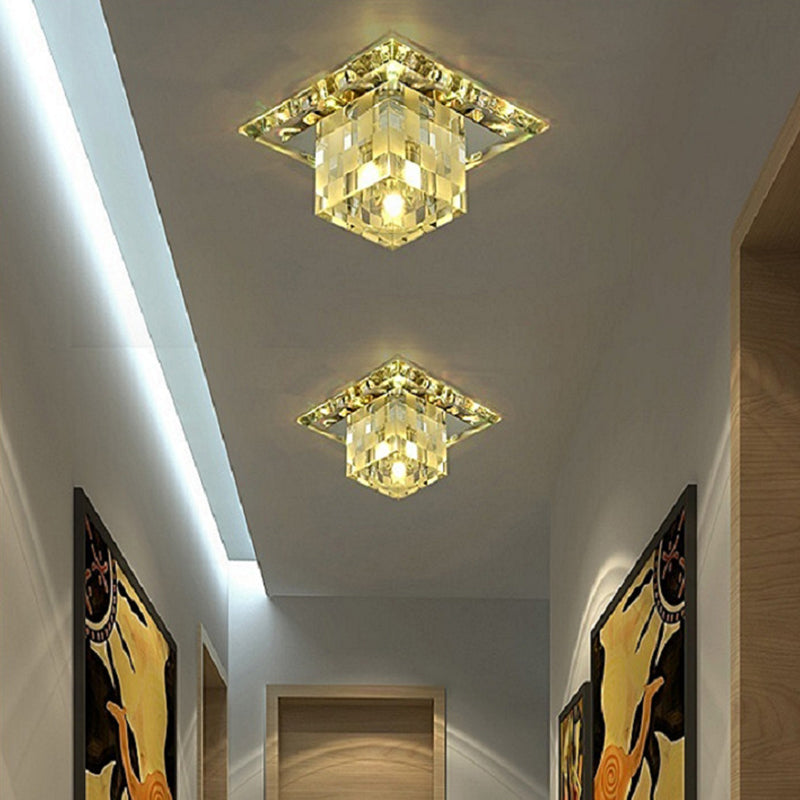 Lampada da soffitto con paralume cubo cromato Illuminazione da incasso a LED in cristallo sfaccettato in stile moderno