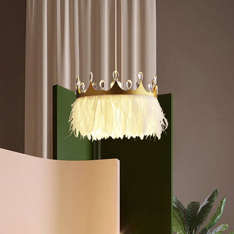 Crown Shaped Kids Bedroom Pendant Lamp Feather 1-Light Nordic Hanging Light Fixture in Gold, 16"/19.5" W
