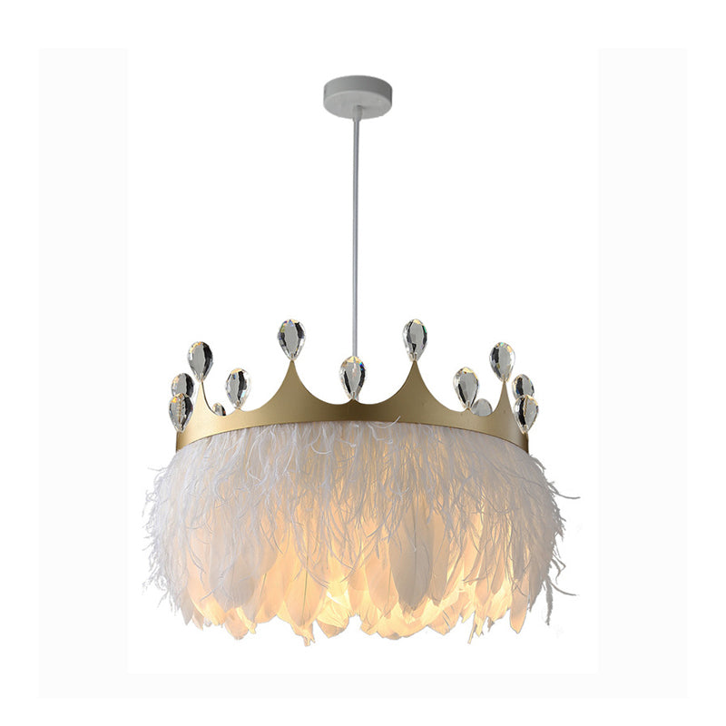 Crown Shaped Kids Bedroom Pendant Lamp Feather 1-Light Nordic Hanging Light Fixture in Gold, 16"/19.5" W