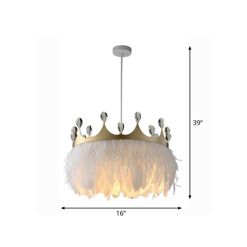 Crown Shaped Kids Bedroom Pendant Lamp Feather 1-Light Nordic Hanging Light Fixture in Gold, 16"/19.5" W