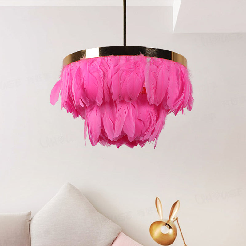 16"/19.5" W Tiered Tapered Chandelier Nordic Feather 3 Bulbs Grey/White/Red Ceiling Pendant Light for Bedroom