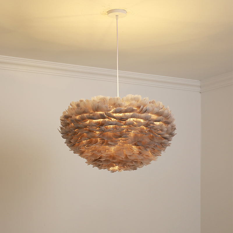 Dome Bedroom Chandelier Pendant Feather 19.5"/23.5" Wide 5 Bulbs Simple Hanging Light in Grey/White/Pink