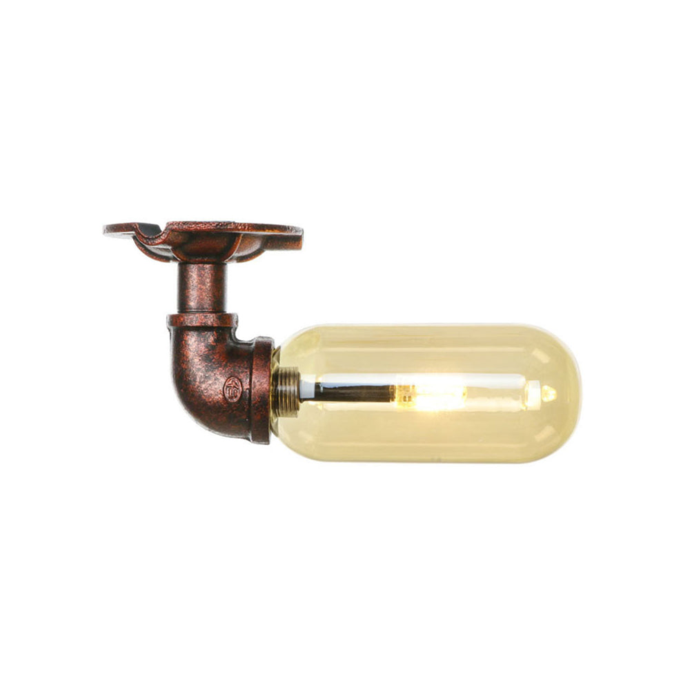 Ovale Shade Amber Glass Semi Flush Industrial Single Light Living Room Lighting Ayémorrat en cuivre altéré avec conception de tuyaux