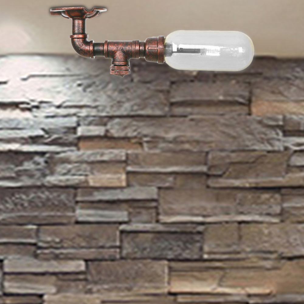 Weathered Copper Single Light Ceiling Lighting Industrial Clear Glass Capsule Shade Semi Flush Light with Pipe Design