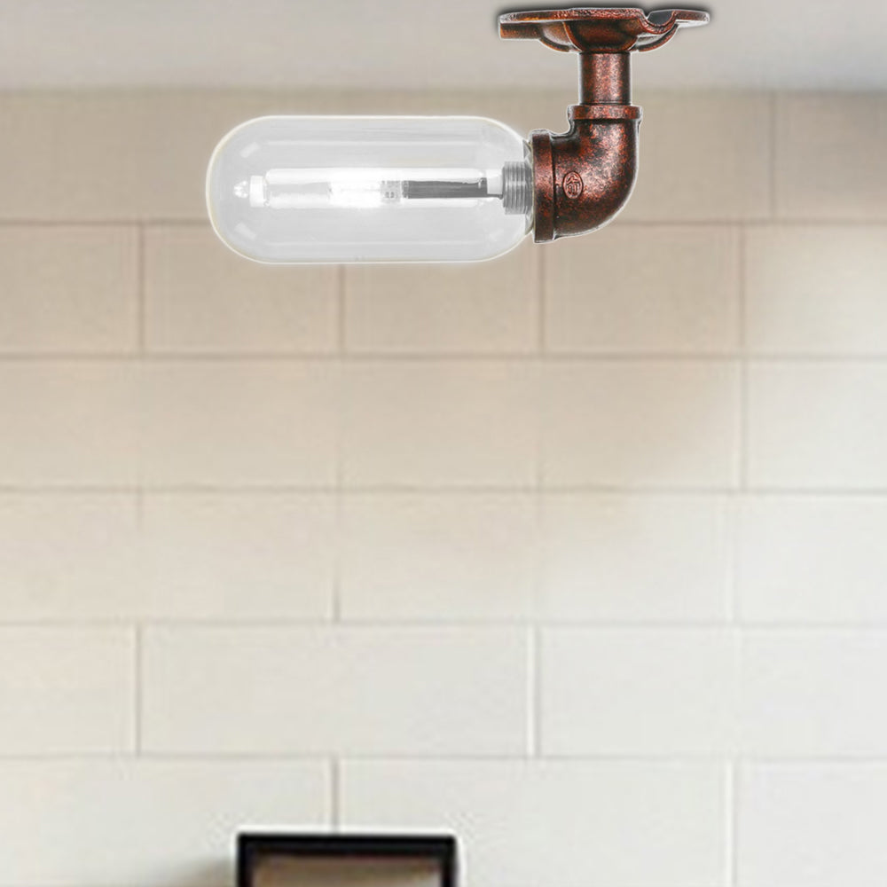 Weathered Copper Single Light Ceiling Lighting Industrial Clear Glass Capsule Shade Semi Flush Light with Pipe Design