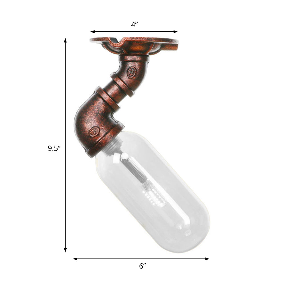Weathered Copper Single Light Ceiling Lighting Industrial Clear Glass Capsule Shade Semi Flush Light with Pipe Design