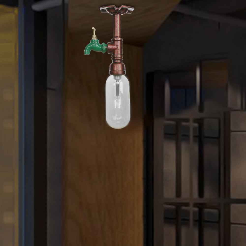Weathered Copper Single Light Ceiling Lighting Industrial Clear Glass Capsule Shade Semi Flush Light with Pipe Design