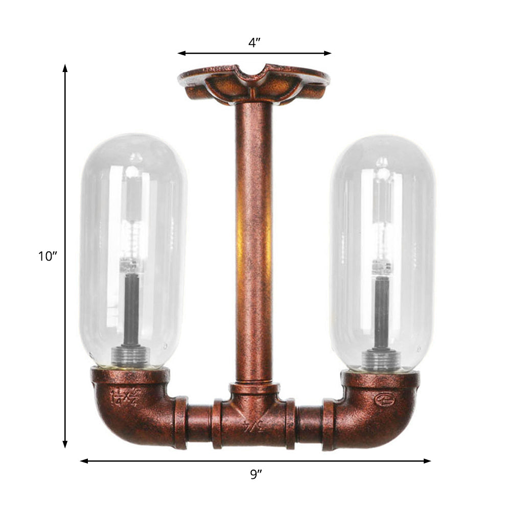 Capsule salle à manger semi-affleurante industrielle en verre transparent, 2 lumières, éclairage de plafond en cuivre patiné avec conception de tuyaux