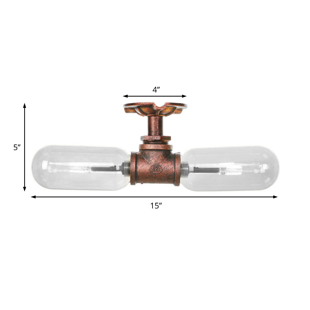 Capsule Shade Living Room Semi Flush Light Vintage Clear Glass 2 - Light Weathered Copper Soffitto Illuminazione con Pipe Design