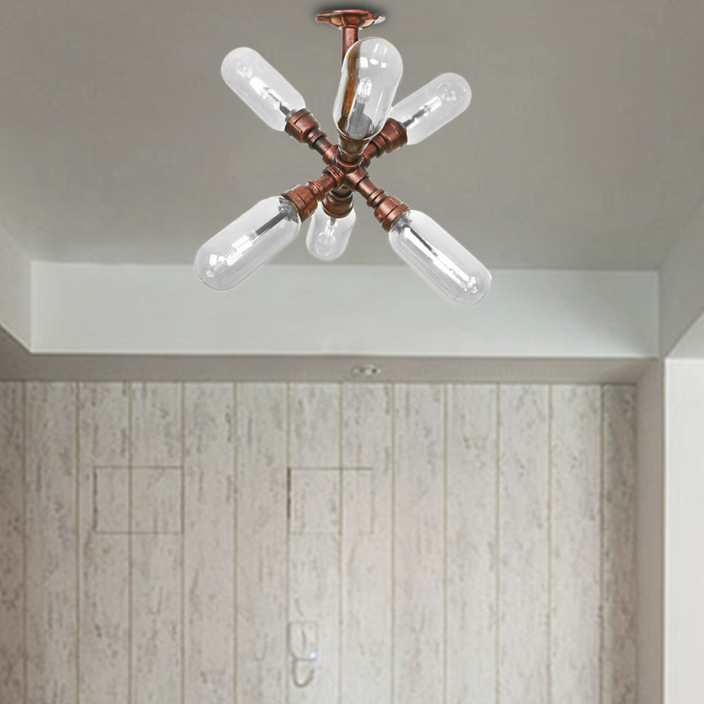 Antique Copper Sputnik Semi Flush Light Vintage Clear Glass 4/6 Light Dining Room Ceiling Lighting Fixture with Pipe Design