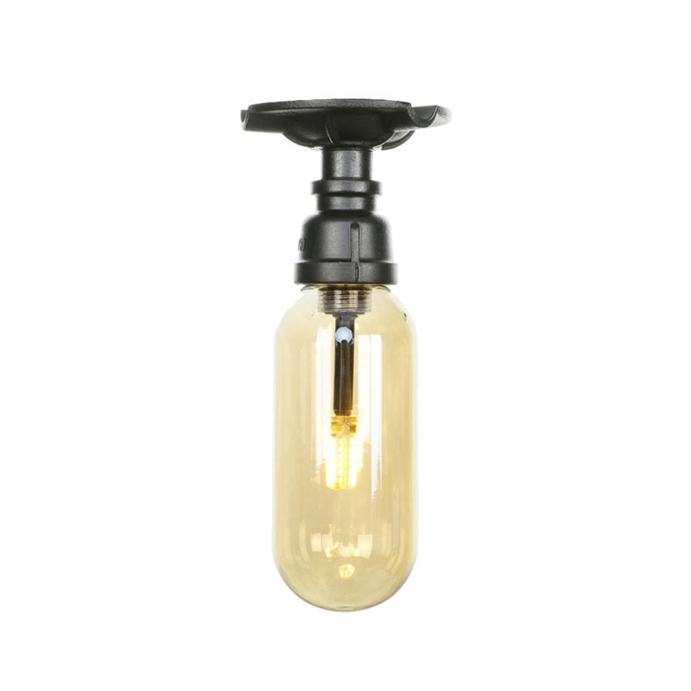 1 Light Capsuled Shade Semi Flush Light Industrial Black Amber Glass Ceiling Mount with Pipe Design