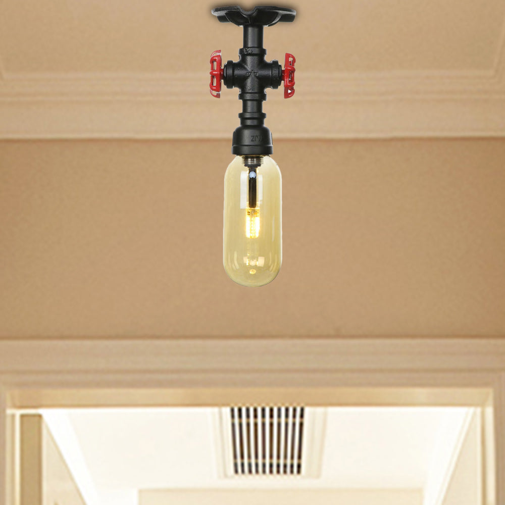 1 Light Capsuled Shade Semi Flush Light Industrial Black Amber Glass Ceiling Mount with Pipe Design