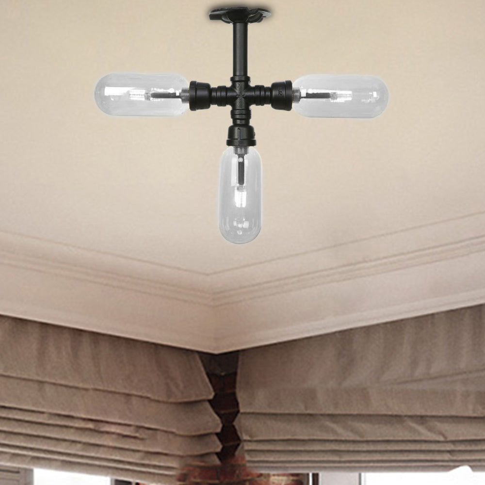 Capsule Semi Flush Light Vintage Style 3/4 Light Matte Black Clear Glass Lighting Fixture with Pipe Design