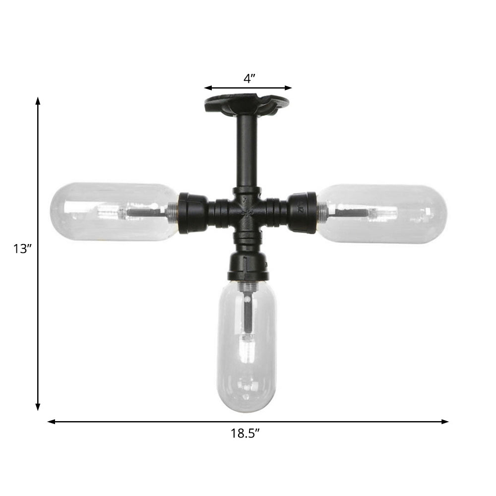 Capsule Semi Flush Light Vintage Style 3/4 Light Matte Black Clear Glass Lighting Fixture with Pipe Design