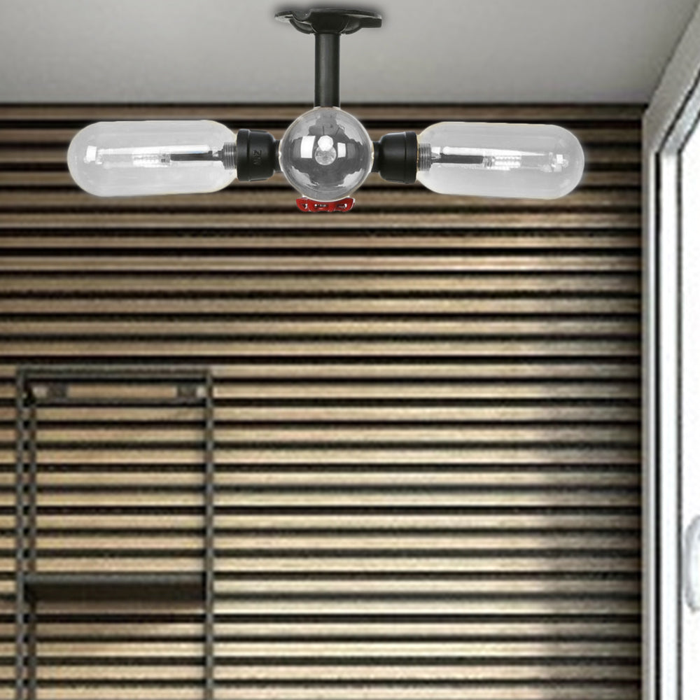 Capsule Semi Flush Light Vintage Style 3/4 Light Matte Black Clear Glass Lighting Fixture with Pipe Design