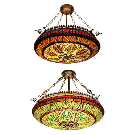 Inverted Chandelier Lighting Tiffany 3 Lights Stained Glass Hanging Light in Orange/Green