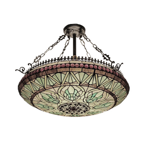 Inverted Chandelier Lighting Tiffany 3 Lights Stained Glass Hanging Light in Orange/Green