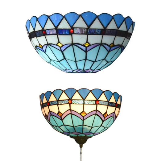 Baroque Bowl Wall Mount Light with/without Pull Chain Stained Glass 1 Light Wall Sconce Lighting in Blue