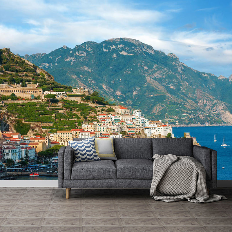 Mediterranean Water City Wall Mural Soft Color Stain-Proof Wall Art for Family Room